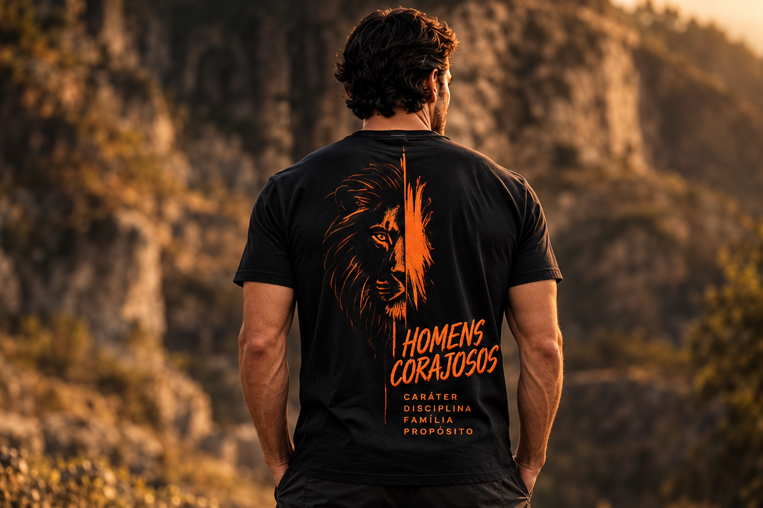 Costas da camiseta preta Homens Corajosos, com leão e dizeres Caráter, Disciplina, Família e Propósito em laranja
